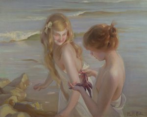 Twee Meisjes met een Zeester op een Strand door Maurice Chabas