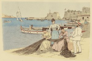 Een man die praat met een groep vrouwen die visnetten repareren in de stad Villefranche, Frankrijk door Maurice Charles Mathieu Bonvoisin