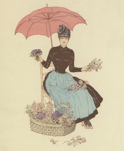 Vrouw zittend onder een paraplu bloemen verkopend door Maurice Charles Mathieu Bonvoisin