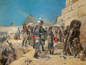 Napoleon Bonaparte voor de piramides, contemplerend de mummie van een koning op het platteland van Egypte