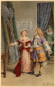 Backstage bij Scapin, Armande, Baron en Moliere (illustratie) door Maurice Leloir
