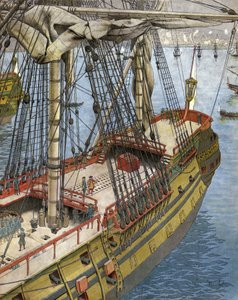 Bombardement en brand van de stad Algiers in 1682: Abraham Marquis Duquesne, een officier van de Franse marine, kijkt vanaf zijn schip naar het effect van de bommen. Chromotypografie in 