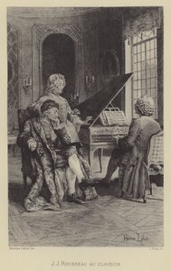 Jean-Jacques Rousseau aan het klavecimbel (gravure) door Maurice Leloir