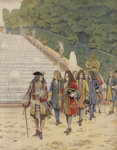 Koning Lodewijk XIV en Samuel Bernard in Marly, bezoek aan de tuinen door Maurice Leloir