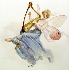 Muziek: fee die harp speelt. In 