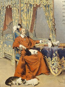 De kardinaal speelt met zijn katten die hij bijzonder liefhad - in "Richelieu" door Maurice Leloir, begin 20e eeuw door Maurice Leloir