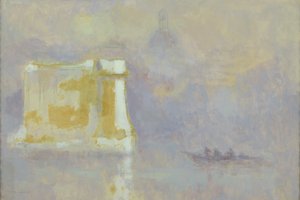 Witte stapel omringd door mist (aquarel op papier) door Maurice Louvrier