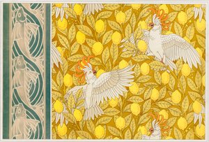 Ontwerp voor behang Cockatoos met citroenen en behangrand met vliegende vissen, gepubliceerd 1897 door Maurice Pillard Verneuil