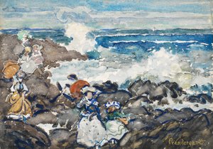 Rotsen, golven en figuren door Maurice Prendergast