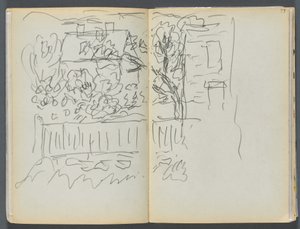 Schetsboek - The Granite Shore Hotel, Rockport, pagina 058  59: Huis en omheinde tuin