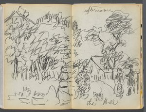 Schetsboek - The Granite Shore Hotel, Rockport, pagina 104- 105: "Middag, de heuvel". door Maurice Prendergast