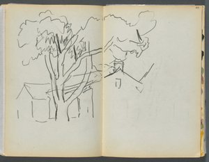 Schetsboek - The Granite Shore Hotel, Rockport, pagina 106  107: Boom met huizen