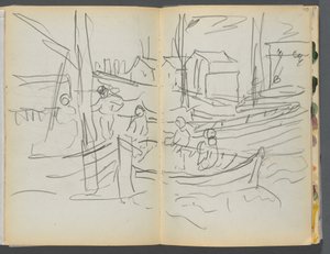 Schetsboek - The Granite Shore Hotel, Rockport, pagina 114 115: Figuren op een zeilboot