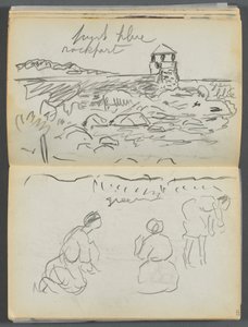 Schetsboek - The Granite Shore Hotel, Rockport, pagina 124  125: Rockport Vuurtoren en figuren op de kust door Maurice Prendergast