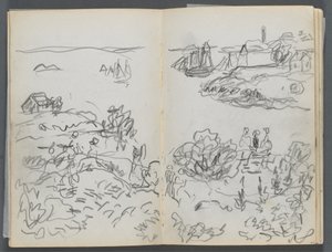 Schetsboek, The Dells, nr. 127, pagina 042  43: Inham met boten en figuren door Maurice Prendergast