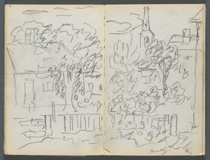 Schetsboek, The Dells, nr. 127, pagina 084  85: Landschap met huizen en torenspits