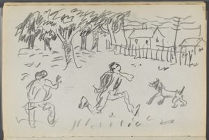 Schetsboek, De Dells, nr. 127, pagina 107: Landschap met figuren en hond door Maurice Prendergast