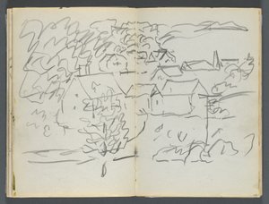 Schetsboek, De Dells, nr. 127, pagina 108  109: Landschap met huizen