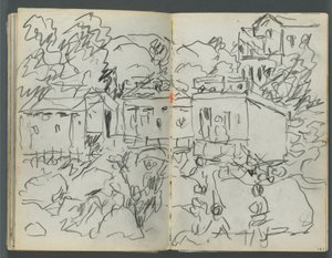 Schetsboek, The Dells, nr. 127, pagina 146  147: Landschap met figuren en gebouwen