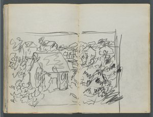 Schetsboek, De Dells, nr. 127, pagina 154  155: Landschap met huizen