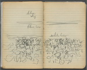 Schetsboek, pagina 046  47: Strandgezicht met kleurnotaties