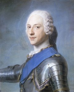 Portret van Prins Charles Edward Stuart, buste lengte, in profiel naar links, zijn hoofd naar voren gedraaid, zijn rechterarm opgeheven