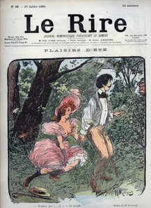 Zomerplezier - Twee geliefden worden verrast in een bos door een voorbijganger - Illustratie door Maurice Radiguet (1866-1941) voor het Franse tijdschrift Le Rire nummer 38 van 1895 door Maurice Radiguet