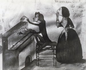 Karikatuur van Franz Liszt en George Sand in Nohant in 1832