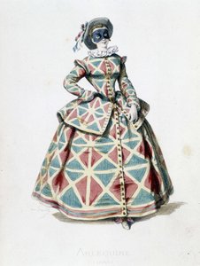 Harlekijn kostuum en masker in 1855, vrouwelijke personage van Harlekijn in de commedia dell