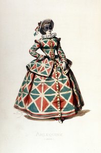 Harlekijn kostuum en masker in 1855, vrouwelijk personage van Harlekijn in de commedia dell