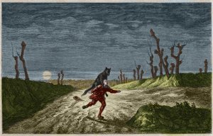 De weerwolf - gravure naar een schilderij van Maurice Sand. Gravure uit 1857. door Maurice Sand