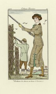 Ontwerp voor dames tweed schietoutfit, uit Costumes Parisien, uitgegeven 1912 door Maurice Taquoy