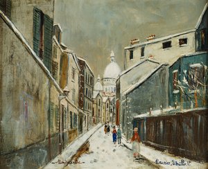 Rue St. Rustique sous la Neige, Montmartre, ca. 1939 (olieverf op doek) door Maurice Utrillo