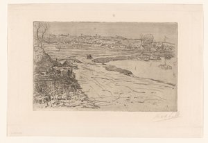 Landschap met huizen en water met aangemeerde zeilboten