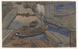 Bootjes in een sloot tussen schuren door Maurits van der Valk