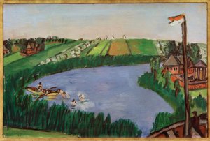 Hollandse landschap met badenden