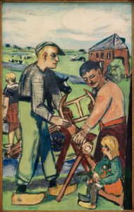 Houtsnijder met kind door Max Beckmann