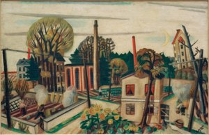 Landschap bij Frankfurt, met fabriek