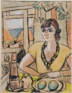 Portret Quappi in strandcafé door Max Beckmann