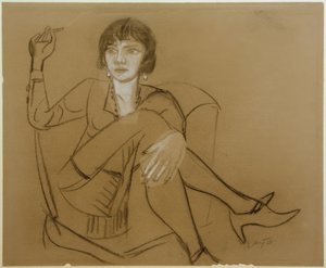 Quappi, rokend in clubsessel door Max Beckmann