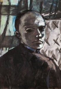 Zelfportret met groene gordijn