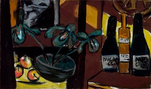 Stilleven op bruin en geel (Champagneflessen en orchideeën) door Max Beckmann
