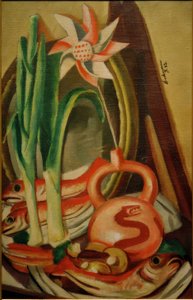 Stilleven met vissen en papieren bloem door Max Beckmann