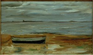 Strand met Grijze Boot en Grijze Zee door Max Beckmann