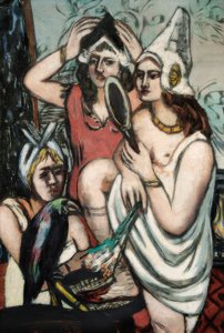 Voor het kostuumfeest (drie vrouwen) door Max Beckmann