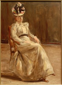 Portret van een zittende dame in vol figuur