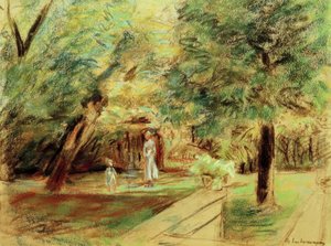 Kleindochter met kindermeisje voor haagtuinen door Max Liebermann