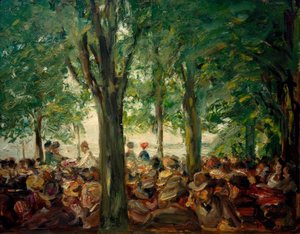 Tuinrestaurant aan de Havel onder bomen (Schildhorn) door Max Liebermann