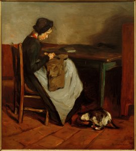 Naaiend meisje met kat - Nederlands interieur door Max Liebermann
