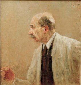 Zelfportret in schildersjas, profiel naar links door Max Liebermann